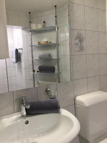 a white bathroom with a toilet and a sink at Haus Frainer in Wald am Arlberg