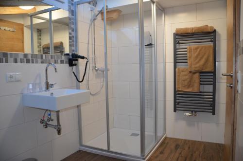 y baño con lavabo y ducha. en Ferienwohnung Garber en Uderns