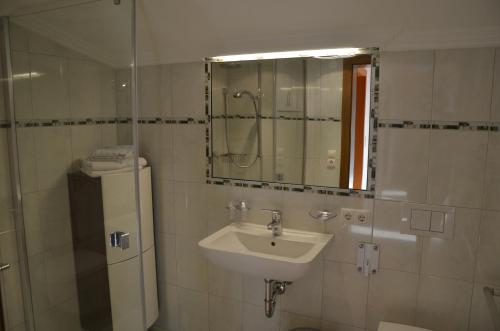 a bathroom with a sink and a shower and a mirror at Gästehaus Garber in Stumm