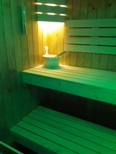 a small sauna with a bowl on a shelf at Apartments and Wellness Ščavničar in Ljutomer