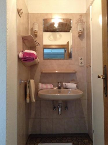 a bathroom with a sink and a mirror at Gästehaus Renate in Velden am Wörthersee