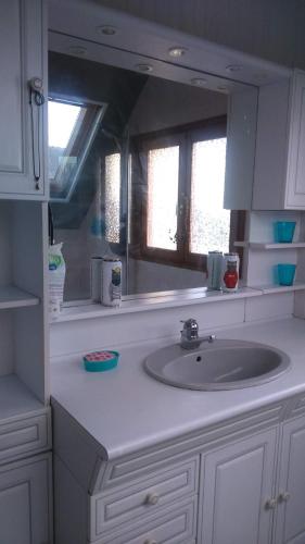 un comptoir de salle de bain avec un lavabo et un miroir dans l'établissement La maison de Keralies, à Pleumeur-Bodou