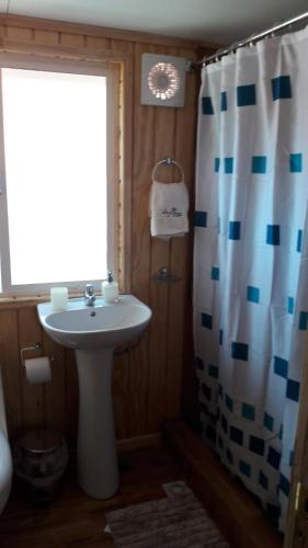 a bathroom with a sink and a shower curtain at Hostal Lejana Patagonia in Cochrane