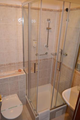 a bathroom with a shower with a toilet and a sink at Greenwood hotel in Smokovce
