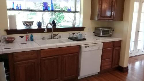 a kitchen with a sink and a microwave at Hawaii Tropical Volcano mansion + Sauna in Hilo