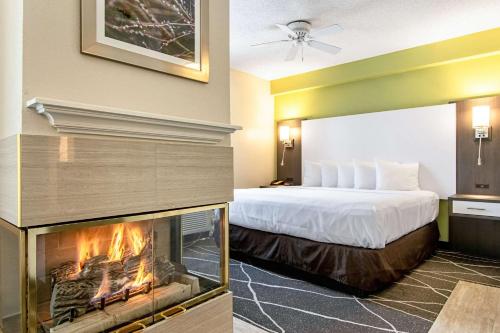 a hotel room with a bed and a fireplace at Clarion Inn Willow River in Sevierville