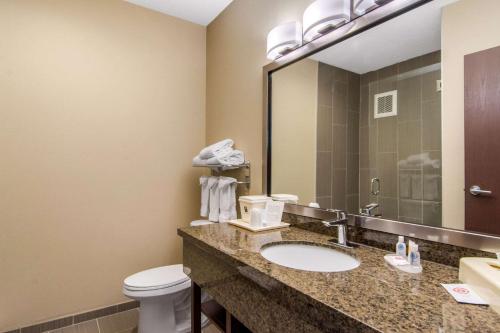 a bathroom with a sink and a toilet and a mirror at Comfort Inn & Suites in Medicine Hat
