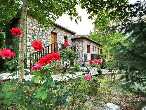 une maison en pierre avec des fleurs rouges devant elle dans l'établissement Andrea Sofi Guesthouse, à Dimitsana