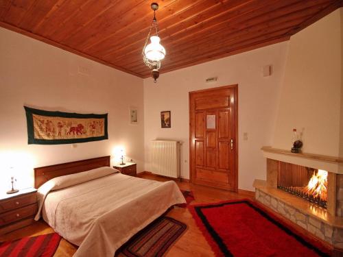 a bedroom with a bed and a fireplace at Andrea Sofi Guesthouse in Dhimitsana