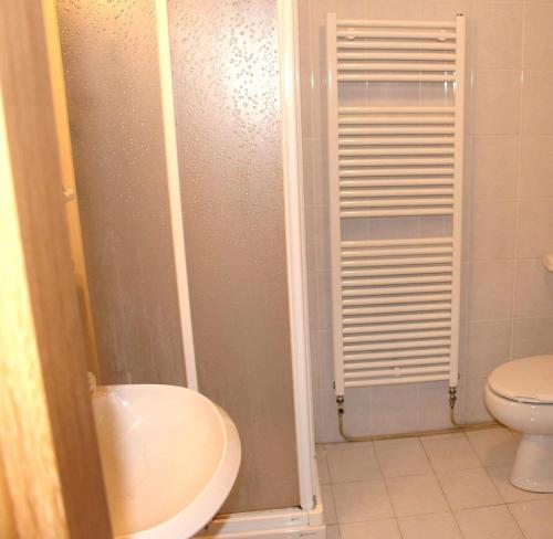 a bathroom with a shower with a toilet and a sink at Appartamento di Viola & Elia in Predazzo