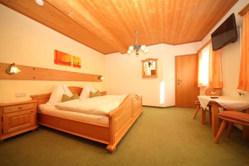 um quarto com uma cama, uma televisão e uma mesa em Aignerhof em Haus im Ennstal