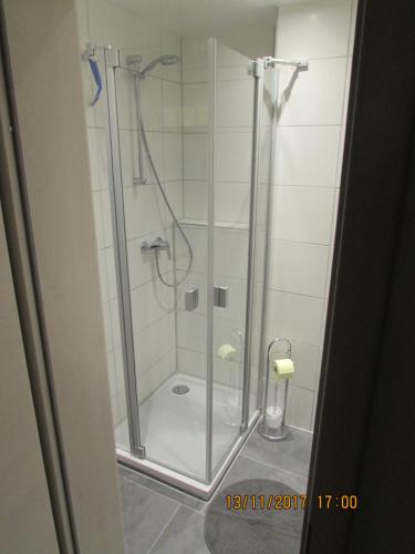 ヴァイセンシュタットにあるFerienwohnung Fröhlichのバスルーム(ガラスドア付きのシャワー付)