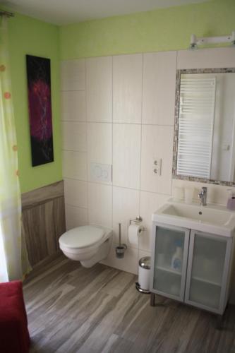 a bathroom with a toilet and a sink at Spreewaldunterkunft Buchecker in Lübben