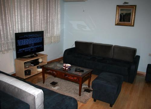 ein Wohnzimmer mit einem Sofa und einem TV in der Unterkunft Fenix Cvetni trg in Belgrad