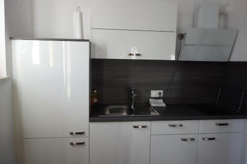 una cucina con lavandino e frigorifero bianco di Appartements Kubisko a Keutschach am See
