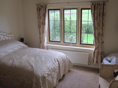 1 dormitorio con cama y ventana en Pardon Hill Farm B&B, en Cheltenham