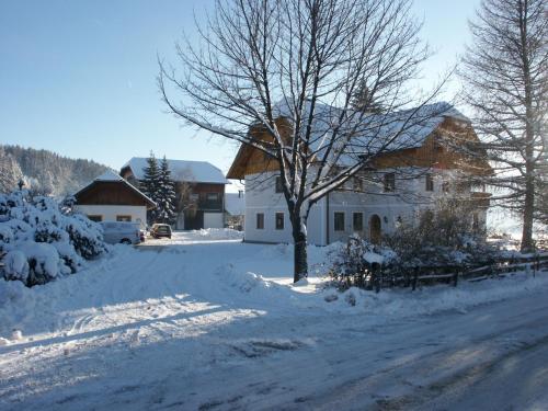 une cour enneigée avec une maison et un arbre dans l'établissement Bio Bauernhof Schoberhof, à Sankt Andrä im Lungau