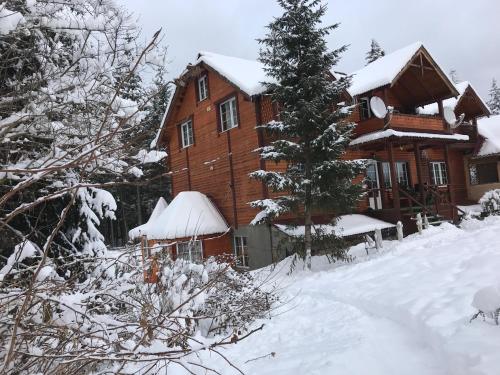 a large wooden house with snow on the ground at Cottage 12 Months in Vorokhta