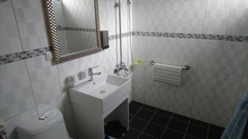 a bathroom with a sink and a toilet and a mirror at Ho Hai Yan Homestay in Chenggong