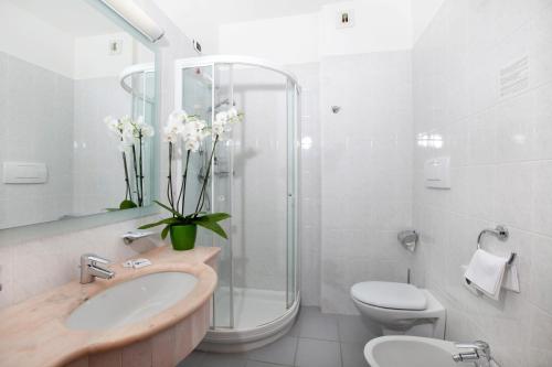 La salle de bains est pourvue d'un lavabo, de toilettes et d'une douche. dans l'établissement Hotel Belvedere, à Martinsicuro