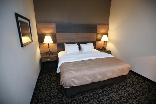a hotel room with a bed and two lamps at Quality Inn & Suites Boone - University Area in Boone
