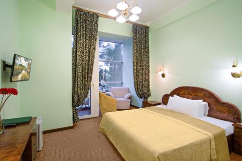 ホスタにあるMys Vidny Health Resortのベッドルーム1室(ベッド1台、窓、椅子付)