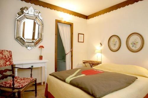 a bedroom with a bed and a chair and a mirror at La Musardière in La Roche-Chalais