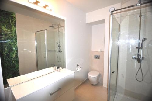 uma casa de banho com um chuveiro, um lavatório e um WC. em Apartament Bluszcz em Polanica-Zdrój