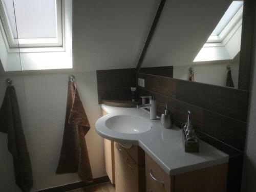 a bathroom with a sink and a mirror at Haus - Anni in Blieskastel