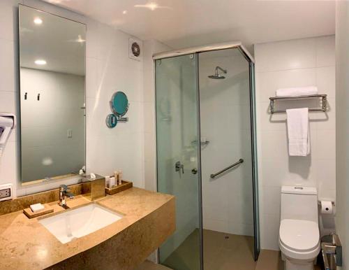 a bathroom with a shower and a sink and a toilet at Hotel Estelar San Isidro in Lima