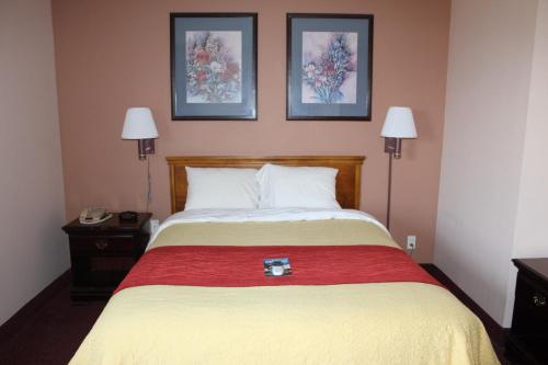 a bed in a hotel room with two lamps at Super 8 by Wyndham Chenoa in Chenoa