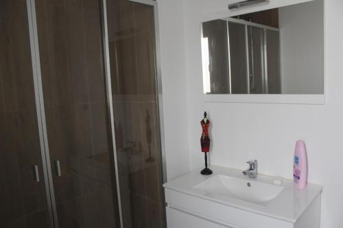 La salle de bains est pourvue d'une douche, d'un lavabo et d'un miroir. dans l'établissement Casa da Praceta, à Ponta Delgada