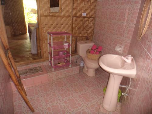 a pink bathroom with a toilet and a sink at Alumbung Cottages in Panglao
