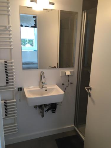 a bathroom with a sink and a mirror at Apart-ment 84 in Herdecke