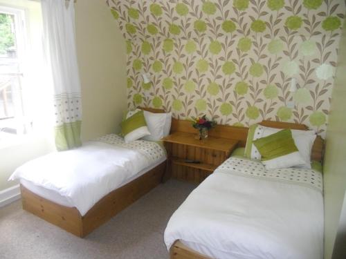 two twin beds in a room with a wall at Ormidale Hotel in Brodick