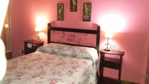 1 dormitorio con 1 cama con paredes de color rosa y 2 lámparas en La cabaña, en Piriápolis