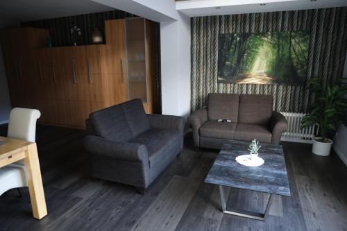 a living room with a couch and a chair and a table at Appartementhaus Vierjahreszeiten in Willingen