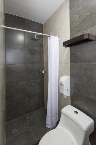 a bathroom with a toilet and a shower at TERRA PREMIUM Hostal Boutique in Quito