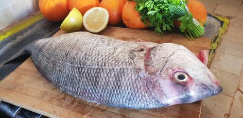 a fish on a cutting board next to fruits and vegetables at Sultana larache in Larache