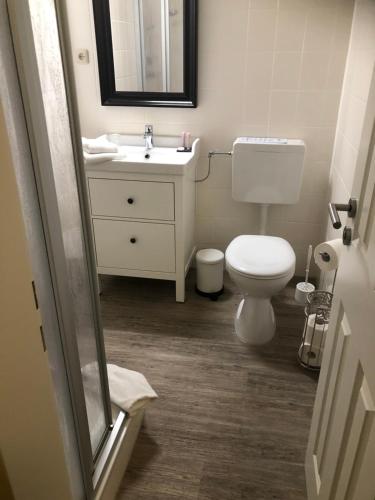 a bathroom with a white toilet and a sink at Heeren's Hotel Garni in Bensersiel