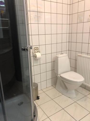 a white bathroom with a toilet and a shower at Sæból/Ocean Lair in Grundarfjordur