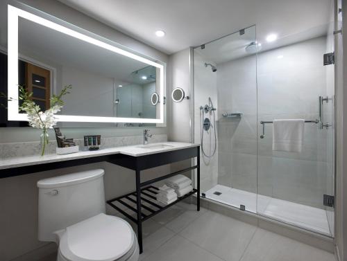 een badkamer met een douche, een toilet en een wastafel bij The Novotel Toronto Centre in Toronto