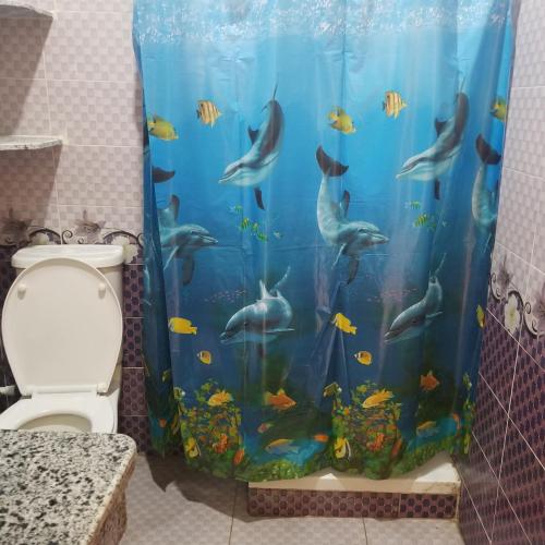 a shower curtain with a fish tank in a bathroom at Dahab Plaza Hotel in Dahab