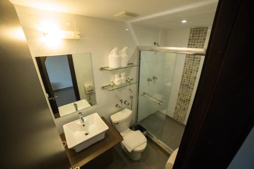 y baño con aseo, lavabo y ducha. en Hotel Ojos Del Rio, en Panamá