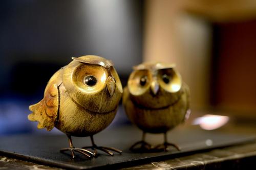 two owl figurines are sitting on a table at Via Hotel Taipei Station in Taipei