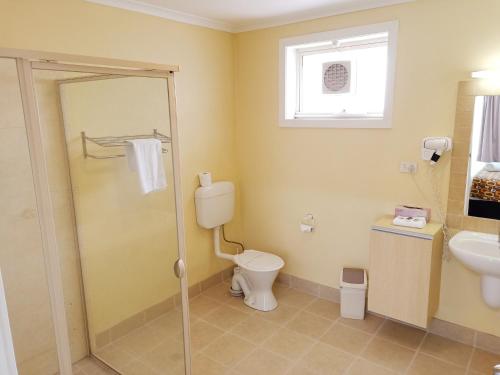 a bathroom with a shower and a toilet and a sink at Glen Inn in Glen Waverley