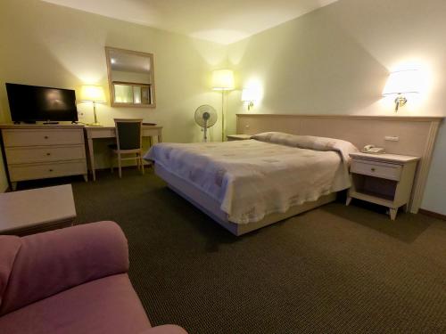 a hotel room with a bed and a tv at Sakhalin Sapporo Hotel in Yuzhno-Sakhalinsk