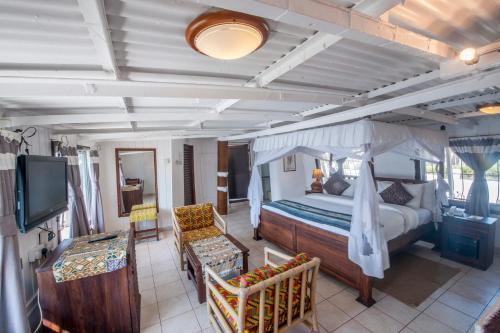 a bedroom with a bed and a television in it at Hotel Tilapia in Mwanza