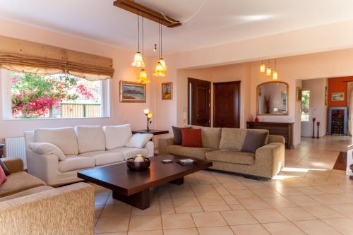 a living room with couches and a coffee table at Villa Odyssia in Agios Nikolaos