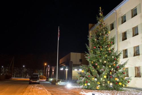 a christmas tree in front of a building at night at Hotel Tigra in Priekuļi